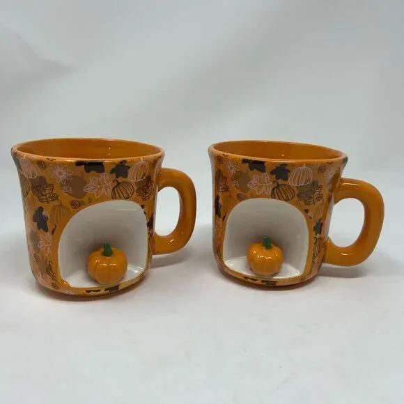 Set of 2 MARKET FINDS Coffee Mug Orange Happy Harvest Figural Ceramic Pumpkins - Picture 1 of 11